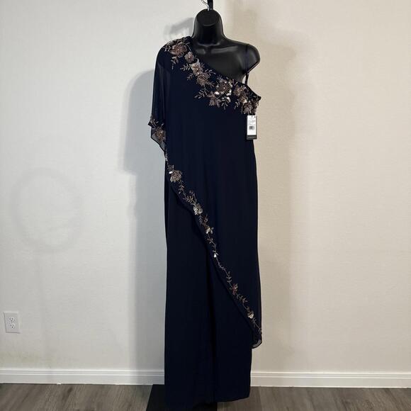NWT ADRIANNA PAPELL Blue One Shoulder Sequin Trim Overlay Jumpsuit - Size 14 - Picture 2 of 9